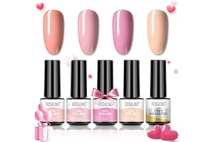 ROSALIND Lakier do paznokci UV Shellac zestaw 4 kolorów żelowych lakierów do paznokci różowy Nude lakier do paznokci z bazą Top Coat Mini lampa UV do paznokci, zestaw na Walentynki