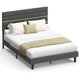 VASAGLE Double Bed Frame, Slate Grey, 135 x 190 cm | Adjustable Padded Headboard, Metal and Wood, Traditional Style RMB506GN0