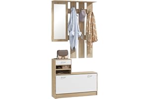 HOMCOM Set Mobili Ingresso Moderno con Scarpiera e Specchio, Appendiabiti da Ingresso con 6 Ganci, 2 Ripiani Regolabili e Cassetti in Legno per Corridoio, 90x24x177 cm, Bianco e Quercia