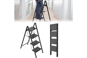 UISEBRT Drabina schodkowa, składana, 4 stopnie, drabina stojąca, antypoślizgowa drabina domowa z szerokimi stopniami, obciążenie do 250 kg, składana, do gospodarstwa domowego, kuchni, biura, czarna