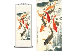 FOVNOT Rotolo di Seta Asiatico, Rotolo Murale Asiatico Arte Murale Asiatica Rotolo di Seta Pittura Murale Nove Pesci Che Si Riuniscono Rotolo di Pittura Arte Murale Cinese Appeso Rotolo di Pittura (A3)