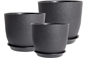 PROFIKLA 20cm, 18cm, 16cm Plastic Plant Pots, Plant Pots with Drainage Holes and Saucers, A Set of 3 Flower Pots, Modern Decorative Planters, Black