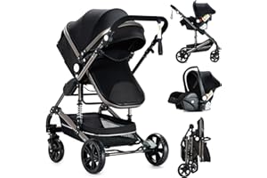 Nine point nine Poussette 3 en 1, Poussette Bebe avec Double Modes de Poussée Réversibles, Poussette Canne avec Grande Nacelle Confortable, Pousette avec Cadre Aluminium Haute Paysage (739 Black)