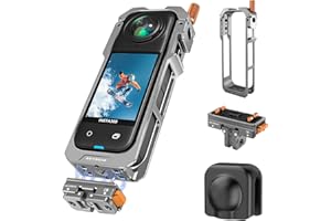 REYGEAK Aluminum Cage para Insta360 x5, Marco de Utilidad Protectora para Insta360 x5, Montaje de Base de liberación rápida con Tapa de Lente de Silicona, Dedos Plegables de 1/4