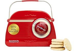 THE SILVER CRANE CO. Retro Radio Biscuit Tin Gift - Christmas Biscuits Gift Set with Scottish Shortbread, Assorted Biscuits Selection Box, Festive Biscuits Tin Hamper - Novelty British Gifts for Women & Men - Red/Cream