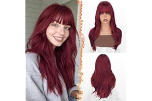 ‎BARSDAR BARSDAR Burgunderrot Layered Perücke mit Pony, 50cm rot Perücke mit Bangs für Frauen Natürliches Aussehen Weiche Gewellte Synthetische Perücken Glattes Haarschnitt Fringe Tägliche Party Halloween