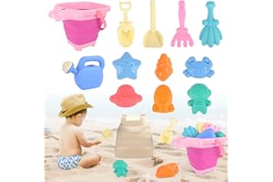 Euakee Jouet de Plage Enfant, 12 Pièces Jeux de Plage avec Seau Poney Plage Pliant, Roue À Eau, Pelle Râteaux Moules, Glace Jeu de Plage Enfant pour Bac a Sable Intérieur Extérieur (Rose)