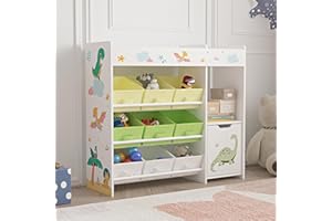 [en.casa] Scaffale per Cameretta con 9 Scatole Pieghevoli Porta Giocattoli Scomparto Chiuso con Anta e Ripiano Mobile Contenitore a Misura di Bimbi - Design Dinosauro - Verde/Giallo