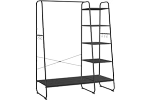 VASAGLE Wieszak na ubrania, 45 x 120 x 160 cm, drążek na ubrania, półka na buty, otwarta szafa na ubrania, 6 zdejmowanych haczyków, do sypialni, korytarza, hebanowo-czarny matowy RGR116B02