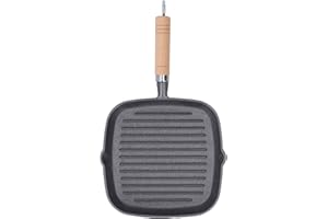 Wisecoco Poêle à Griller, Poele Fonte, Grill à Steak, Bâtons Quadrate En Fonte Steak Pan, Plaque De Cuisson Antiadhésive Avec Poignée En Grain De Bois, Pour Griller, Frire, Sauter 23 x 21 x 3 cm