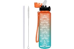 GOPPUS 1L/32oz Bouteille d'eau avec paille Motivational Étanche Boissons Bouteille avec marquages de l'heure Tritan Bouteille de Sport pour l'école de Gym Grande bouteille d'eau pour Adulte Sans BPA