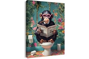 Qiukoo Funny Monkey Bathroom Wall Art – Waterproof Framed Canvas with Hanging Hooks, Toilet Wall Picture of Monkey Reading Ne