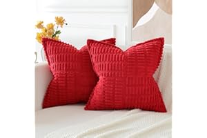 JOTOM Set of 2 Corduroy Soft Cushion Covers with Splicing 40x40 cm 16x16 Inch Striped Boho Decorative Throw Pillow Covers Home Decor Square Cushion Case for Couch Sofa Living Room Bed (Red)