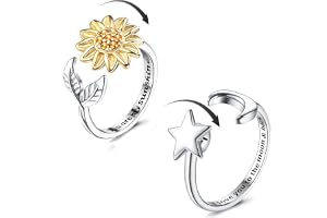 Krfy 2 stycken silverångestringar för kvinnor – solros fidget mindfuletsring, månsten spinnare, justerbar öppen anti-stressring