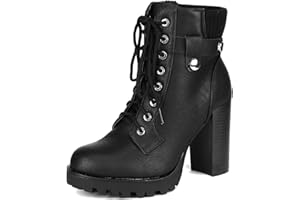 DREAM PAIRS Chunky Waterproof Ladies Boots Lace Up Side Zipper Black Platform Leather High Heels Ankle Boots for Women SCANDL