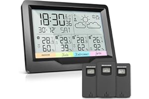 OULE GmbH wetterstation funk mit 3 außensensor, thermometer innen außen,Hygrometer innen mit DIY Label,wetterstationen innen und außentemperatur funk mit wettervorhersage,DCF-Funkuhr