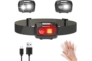 EverBrite Lampada Frontale LED Ricaricabile USB, Torcia Frontale 500 Lumen, 5 Modalità di Luce, Sensore di Movimento, Lampade da Testa con Angoli Regolabili a 45° per Campeggio, Corsa, Pesca (Nero)