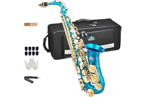 EASTROCK Débutants Saxophones Alto, Saxophone Alto E Plat en Laiton Laqué Doré, Mi Bémol Saxophones Etudiants, Saxophone alto avec étui Tapis (Bleu Clair)