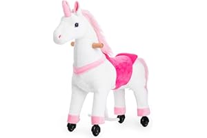 PONYEEHAW Reitpferd für Kinder ab 3 mit Rollen, Horse Toy Ride, Spielpferd zum Reiten Stehpferd Groß aus Metall und Plüsch Einhorn auf Rollen mit Schabracke und Zaumzeug (Weiß Einhorn, Klein)