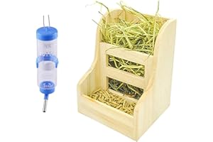 PINVNBY Coniglio Fieno Alimentatori Rack Bunny Gabbia In Legno Rack Ciotola con Criceto Bottiglia di Acqua per Piccoli Animali Forniture Cincillà Cavia 2 PZ