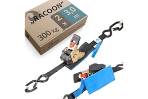 valonic RACOON - 2x 3m cinghie di fissaggio automatico, 25mm, 300/600 Kg, imbottito, EN-12195-2 - con gancio, con cricchetto, nero, per moto