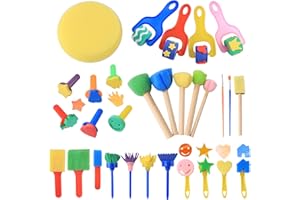 NECDEOL 30 Pièces Kit Pinceau Éponge, Réutilisable Kit Peinture Enfant, Crafts Éponge Brosse, Rouleau Peinture Enfant pour l'éducation Précoce des Enfants,Outils de Pinceau Manuelle DIY