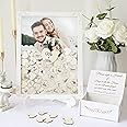 AerWo Wedding Guest Book Alternative, Wedding Books for Guests to Sign, Include White Wooden Guest Book Drop Box with Stand, Plywood Box and 71 Wooden Hearts, for Anniversary Wedding Reception Gifts
