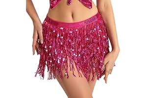 JAWUZ Falda de Lentejuelas Cintura Alta Elastica Brillante para Baile Danza Club Colombiana Salsa Baile de Vientre, Rosa Roja