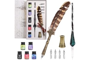 Olasfa Penna Piuma Stilografica Set Vintage Penna Piuma D'oca Penna di Vetro con Inchiostro 4 Pennini di Ricambio per Scrittura Calligrafica Regalo di Compleanno Anniversario
