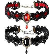 Collana Choker Gotica Punk In Pizzo Con Cristallo Nero E Rosso - Gioiello Vintage