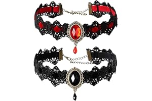 NyxSeat - Juego de 2 gargantillas góticas de encaje y piedras preciosas, retro, para Halloween, joyería para mujer (negro y rojo), 32+5cm