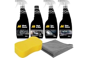 AA Car Essentials cleaning kit 4 x 750ml includes large Jumbo Sponge, 2 x Microfibre cloths, Wash Wax Shampoo, Alloy wheel cleaner, Tyreshine and Glass cleaner