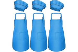 CATIME 6Pcs Kids Apron and Chef Hat Set, Adjustable Children Cooking Aprons with Pockets for Boys Girls, Kitchen Garden Bib Aprons, Toddler Chef Aprons for Crafting Painting Baking (M for 3-6 Age)