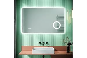 SIRHONA 3X Loupe Miroir de Salle de Bain avec Éclairage LED avec Prise pour Rasoir Miroirs de Salle de Bain Mural avec Affichage de L'heure, Fonction Anti-buée 100x60cm Miroirs LED