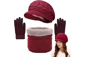 Joligiao Guantes Invierno Set de Bufanda Gorro Conjunto de Guantes de Pantalla Táctil Cálido Boinas Set Bufanda Lana Punto Calentador de Cuello Mujer Boinas Guantes Regalos,Negro,talla única
