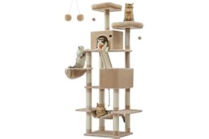 Feandrea Drapak duży, wysokość 206 cm, drapak XXL, z 13 drapakami, 2 platformy, 2 jaskinie, kosz, hamak, pluszowe kulki, wielopoziomowy drapak dla kota, camel brown PCT190K01