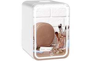 YOURLITE Mini Frigo 8 Litres Fonction Chaud/Froid avec Miroir LED Luminosité Variable, Mini Réfrigérateur Portable Cosmétiques Ac/Dc à table pour Chambre, Salon,Bureau