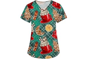 DIYIOUZHOU Christmas Scrubs Tops Nurse Xmas Printed Scrub Festival Short Sleeve V Neck Durable Work Uniform with Pockets