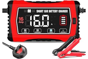 HAISITO 16A Car Battery Charger, 6V/12V/24V Battery Charger for Lead Acid(AGM/Gel/SLA/EFB) and LiFePO4, Automatic Intelligent 10-Stages Trickle Charger Maintainer with LCD Screen for Car, Motorcycle and More