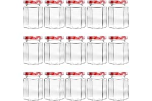 YISHIK 6oz Hexagonal Glass Jars,15 Pack Glass Jam Jars,Pickle Jars with Red Gingham Lids for Food Storage,Small Canning Jars for Spices,Honey,Baby Foods,Pary Favors or Crafts