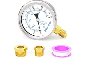 MEANLIN MEASURE 0~1BAR/15PSI Edelstahl 1/4"BSP 2.5"FACE DIAL Flüssigkeitsgefülltes Manometer WOG Wasser Öl Luft Untere Montage, mit 1/4"x 1/2"BSP und 1/4"x 3/8"BSP Sechskantbuchse