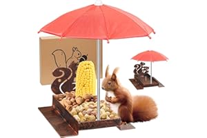 Giyiprpi Eichhörnchen Futterhaus, Metall Eichhörnchen Futterhaus für draußen mit Regenschirm und Maisständer, Draußen hängende Eichhörnchen Chipmunk Futterstation, stabil und sicher(Retro Braun)
