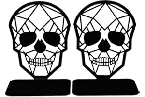 POHOVE 2pcs Metal Bookends Black, Heavy-Duty Book Ends for Shelves, Nonskid Supports for Heavy Books, Black Skull Design Decorative Desktop Organizer