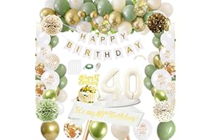 WLKQY Deko 40. Geburtstag Frauen, Grün Gold Weiß 40 Geburtstag Frauen Konfetti Luftballons mit Happy Birthday Banner, 40. Geburtstag Schärpe Weiß Gold, Pompons, 40 Jahr Geburtstagdeko Girlande Ballons