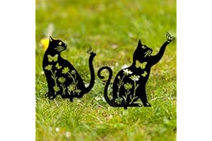 Suerhatcon 2 figuras de gato para decoración de jardín, metal y gato, color negro, silueta, decoración para jardín, césped, terraza, balcón, decoración del hogar