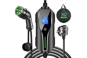 FNRIDS Cargador Coche Eléctrico, Cargador EV Tipo 2 Portátil 8M, Corriente Conmutable 6/8/10/13/16A, Pantalla Digital Controlable, IEC 62196-2,Cable Carga Coche Electrico,IP67 Prueba Agua,con Bolsa