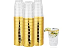 VEGENA Gobelets Réutilisables, Gobelets en Plastique Bordées Doré, 50 Pièces Verre Plastique Reutilisable, 360ml Gobelet Plastique Reutilisable pour Décoration Intérieure, Fêtes, Mariages, Anniversaires