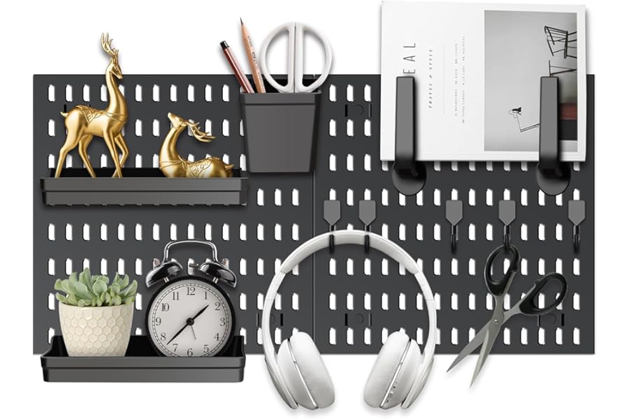 Easyhomie Small Wall Organiser Pegboard Combination Kit with 2 Tiles 30x30cm Pegboards + 10 Pieces Accessories for Room Storage, Organization and Decoration, Free Combination & Easy Install