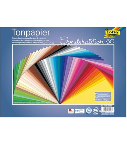 folia 6735/50 99 - gekleurd papier mix, ca. 35 x 50 cm, 130 g/m², 50 vellen gesorteerd in 50 kleuren, voor het knutselen en vormgeven van kaarten, vensterafbeeldingen en scrapbooking