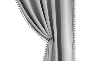 ABSTRACTEX Grey Pom Pom Blackout Curtains for Bedroom Thermal Insulated Curtains for Living Room 90Inch Length Triple Weave 90% Blackout Window Curtains for Kids Nursery Room Drapes 54"W 2 Panels Grommet